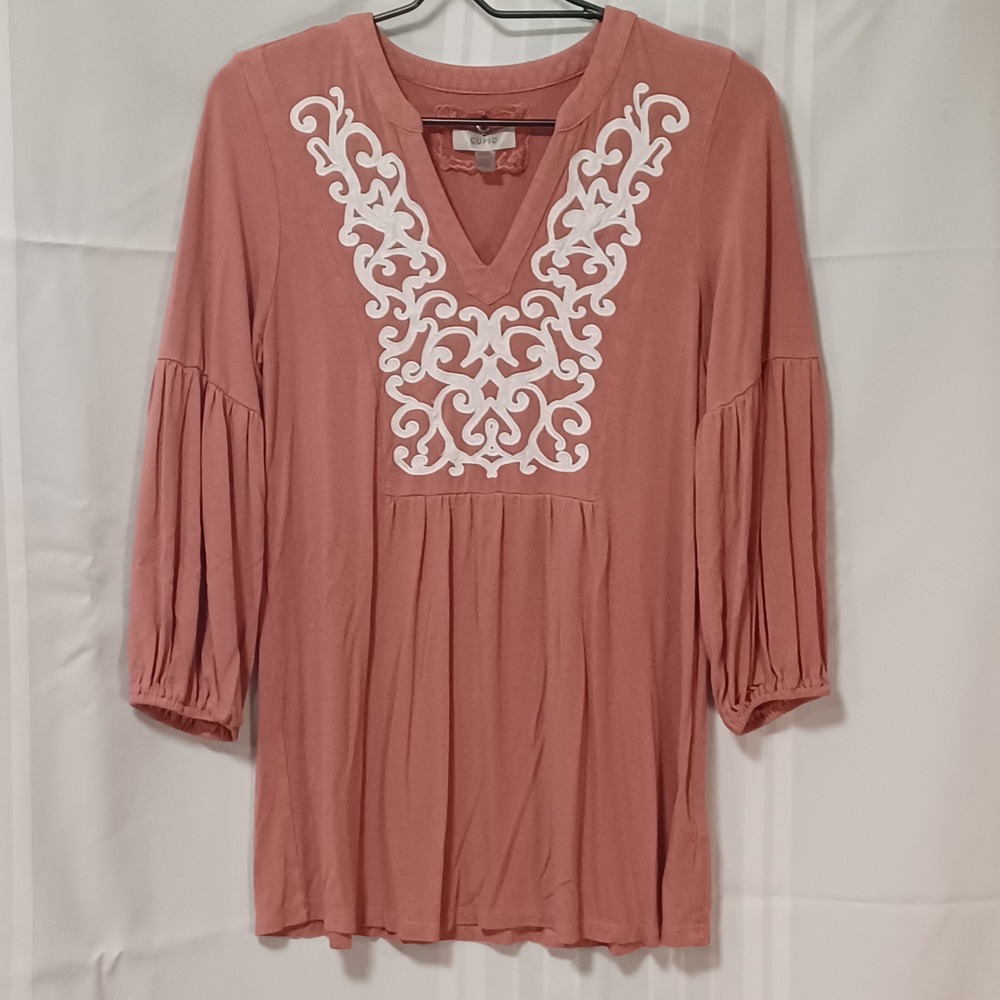 Cupio Boho Embroidered Split Neck Tunic Top Terracotta Pink 3/4 Balloon Sleeve S